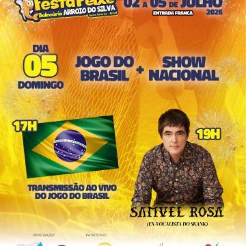 Domingo terá transmissão do jogo do Brasil e show nacional com Samuel Rosa na 33ª Festa do Peixe