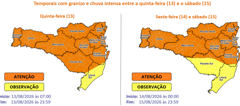 Santa Catarina tem risco de temporais com granizo e chuva i...